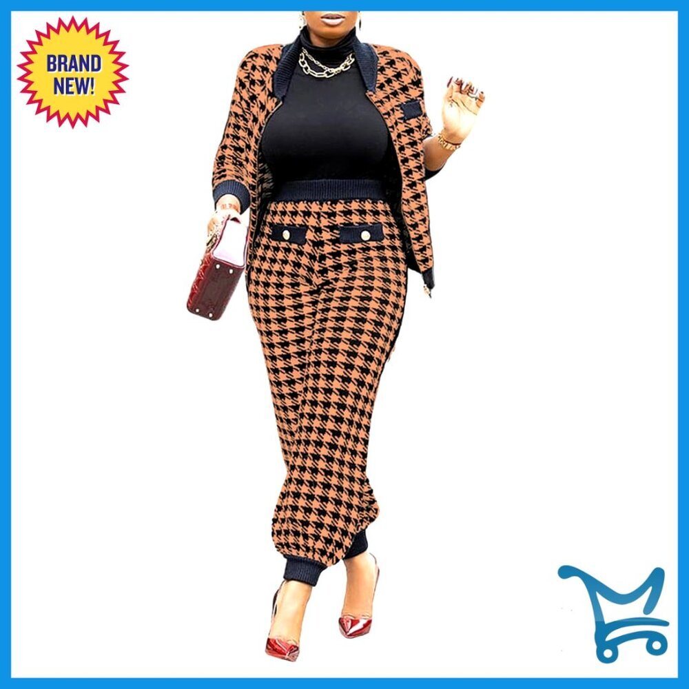 Vintage Houndstooth Blazer Pant Set Slim Fit Office Work Casual Outfit